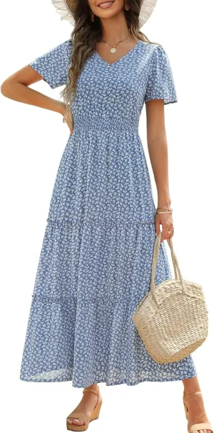 Zattcas Womens 2025 Long Summer Dress Short Flutter Sleeve V Neck Casual Smocked Tiered Modest Floral Boho Maxi Dress