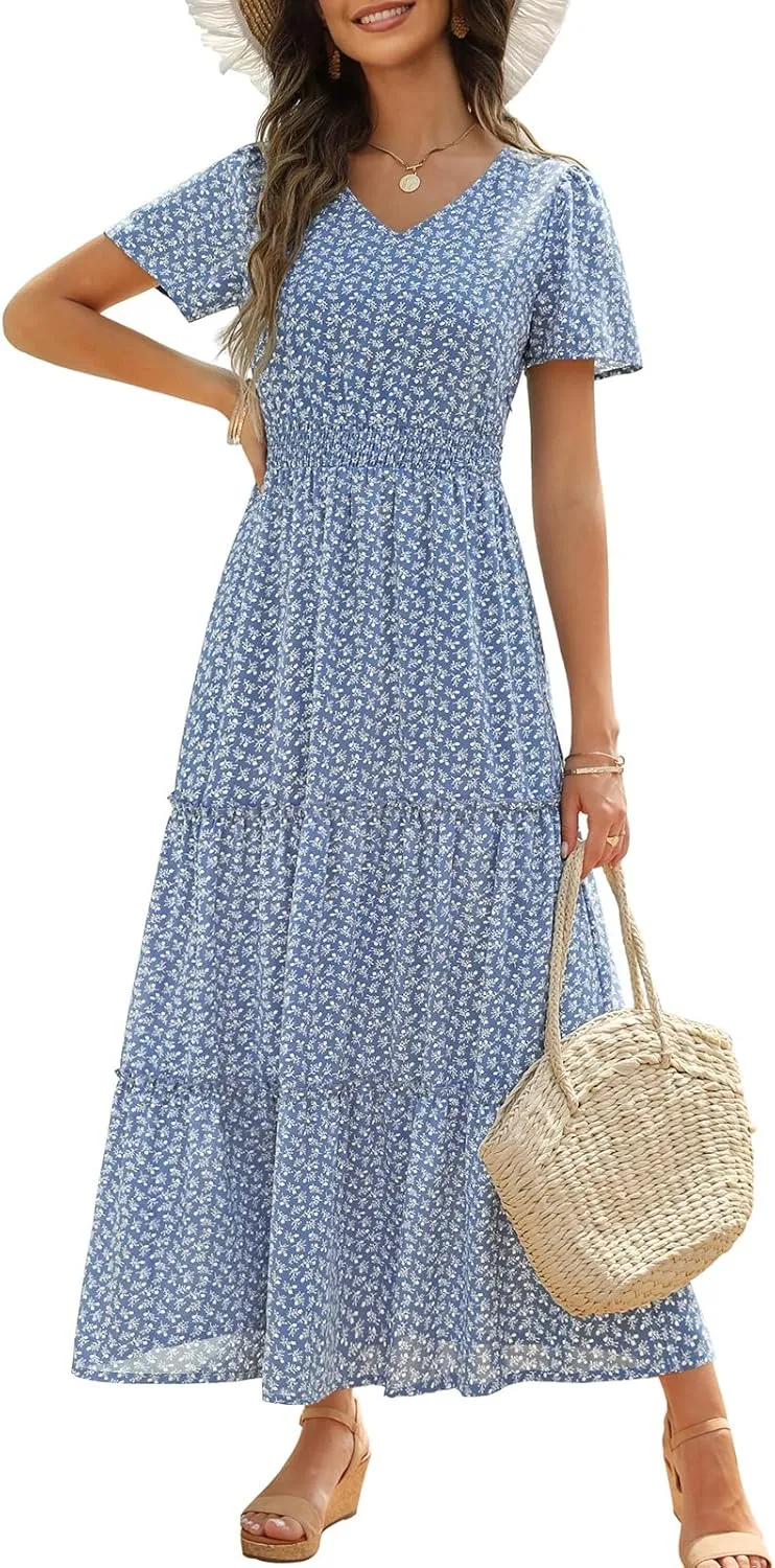 Zattcas Womens 2025 Long Summer Dress Short Flutter Sleeve V Neck Casual Smocked Tiered Modest Floral Boho Maxi Dress