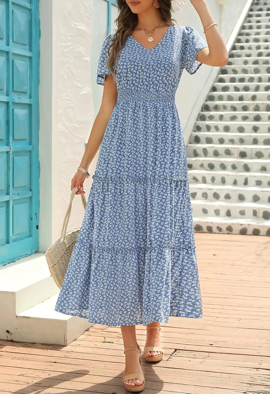 Zattcas Womens 2025 Long Summer Dress Short Flutter Sleeve V Neck Casual Smocked Tiered Modest Floral Boho Maxi Dress
