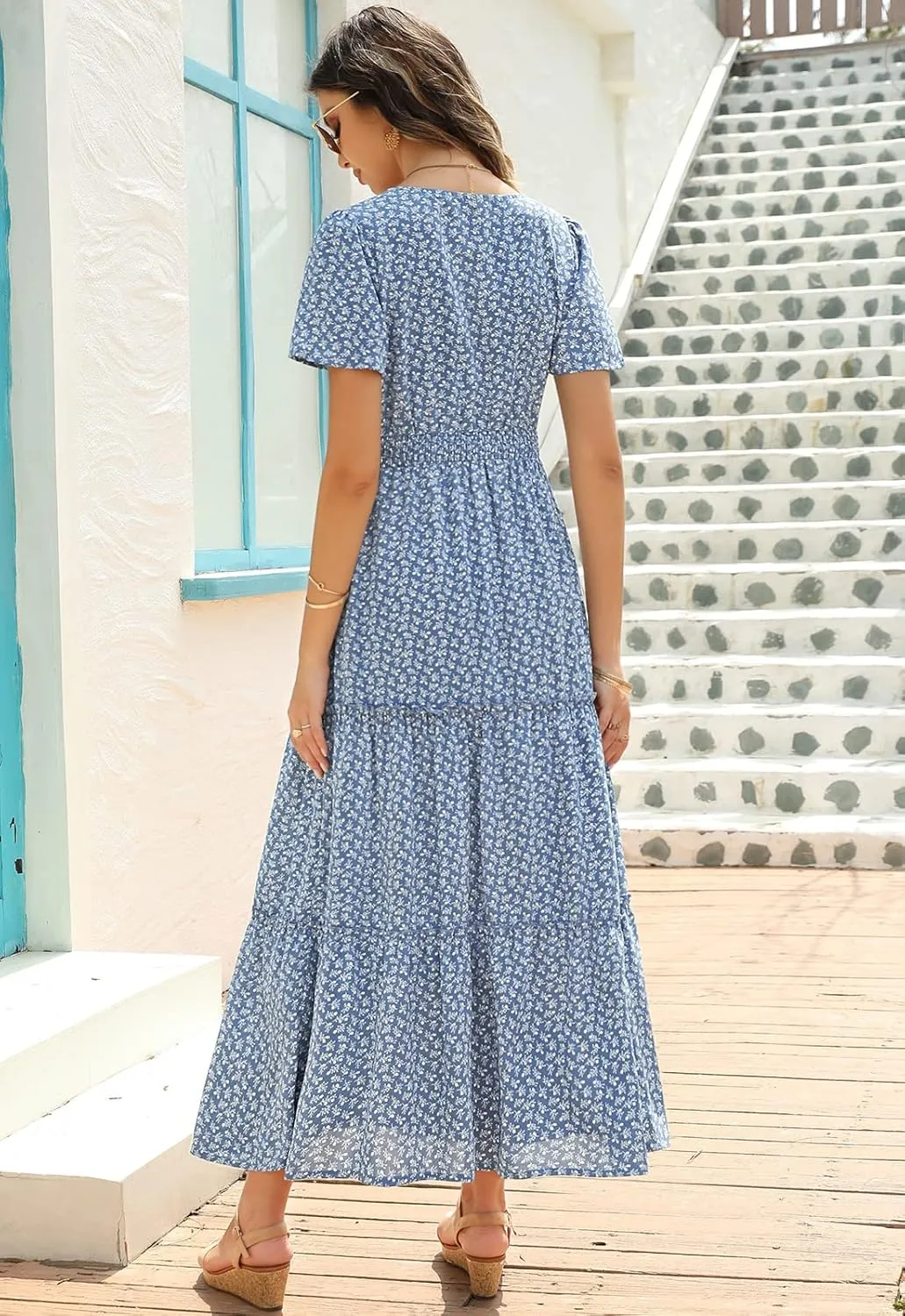 Zattcas Womens 2025 Long Summer Dress Short Flutter Sleeve V Neck Casual Smocked Tiered Modest Floral Boho Maxi Dress