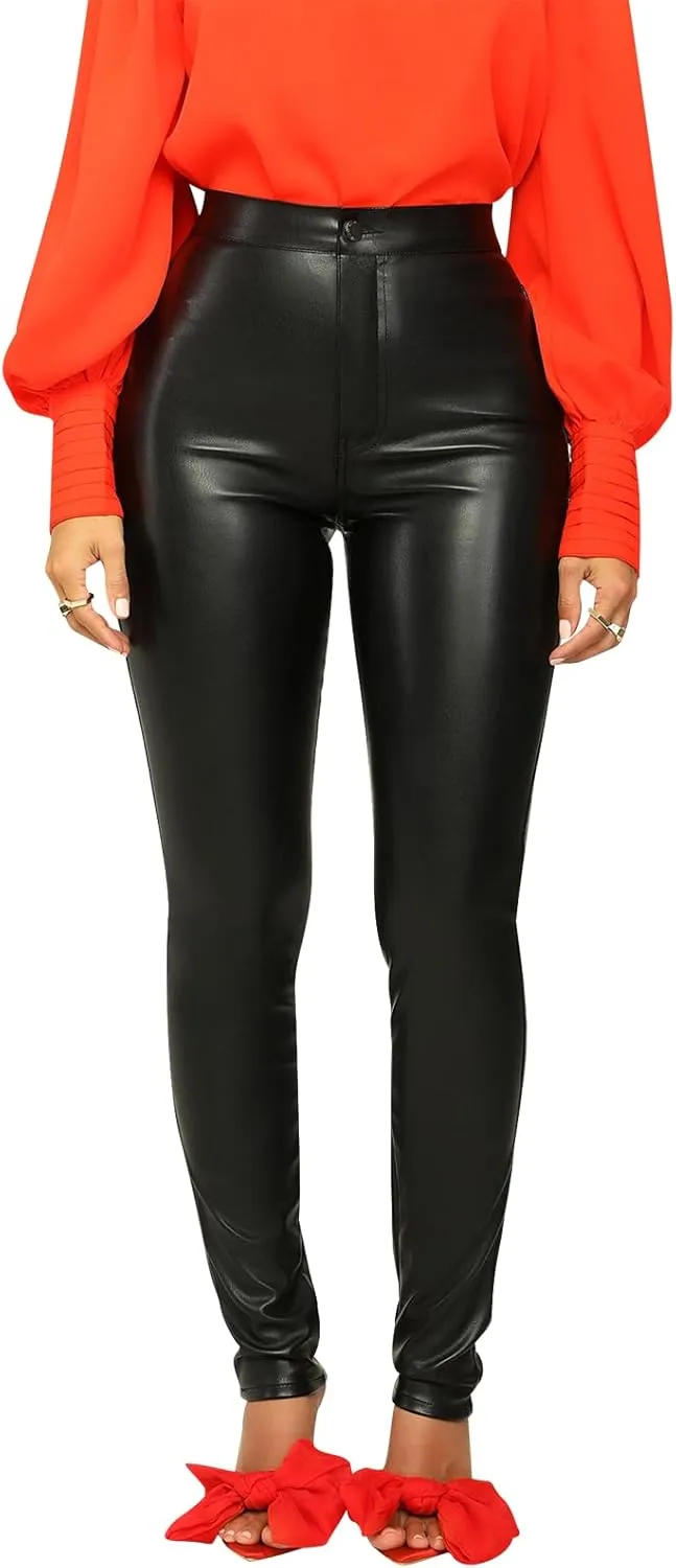 Zebaexf Faux Leather Leggings for Women, Black High Waisted Stretch Leather Pants