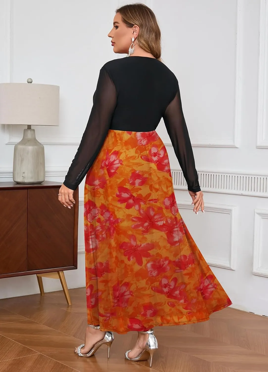 ZOMVA Spring Plus Size Floral Print Mesh Dress for Curvy Women Long Sleeve Dresses for Wedding Guest