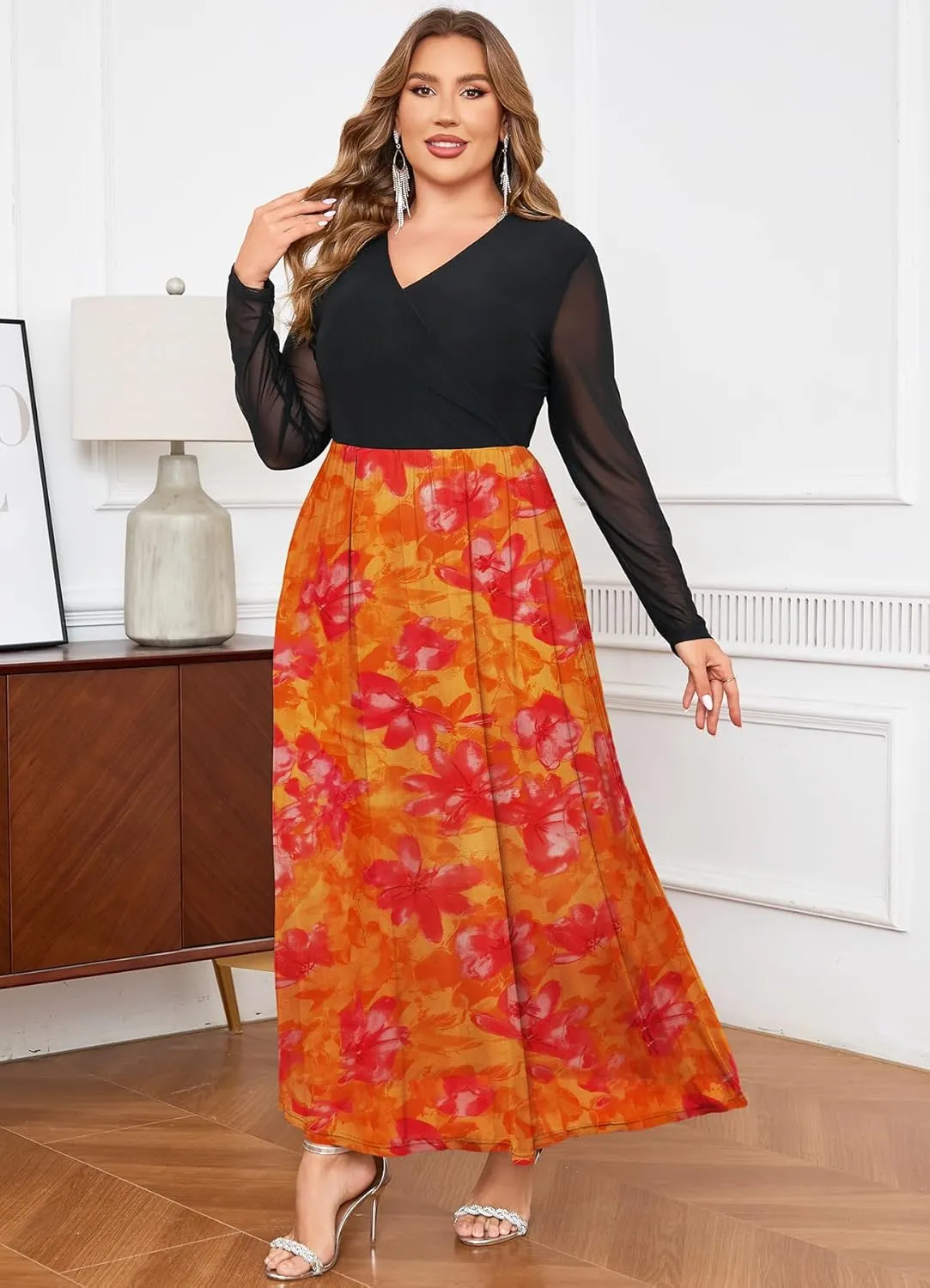 ZOMVA Spring Plus Size Floral Print Mesh Dress for Curvy Women Long Sleeve Dresses for Wedding Guest
