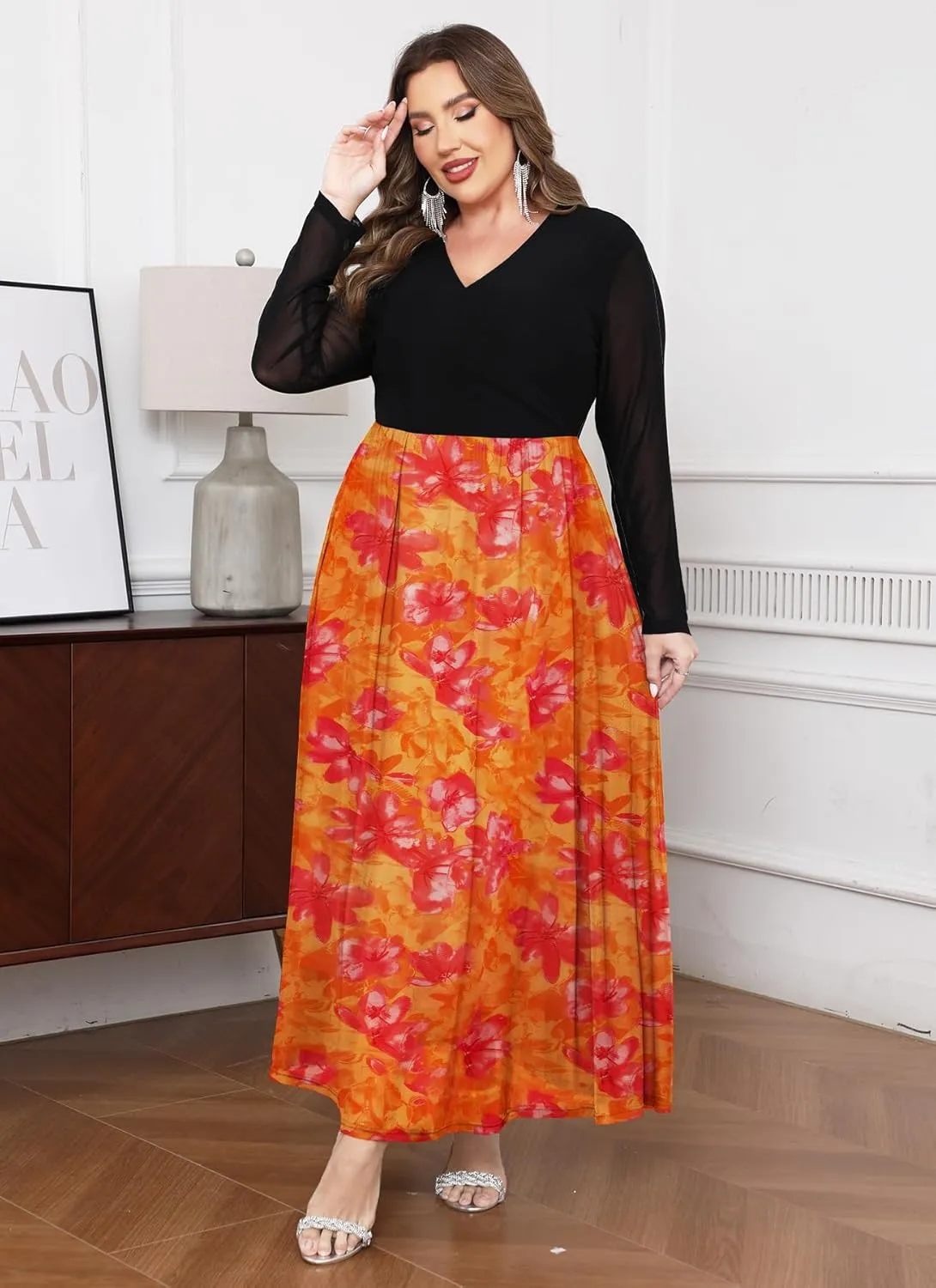 ZOMVA Spring Plus Size Floral Print Mesh Dress for Curvy Women Long Sleeve Dresses for Wedding Guest
